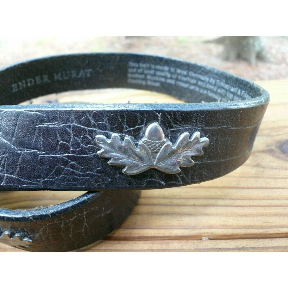 Ender Murat Womens Belt Black Cowhide Oak Leaf Acorn Sterling Silver Plated
